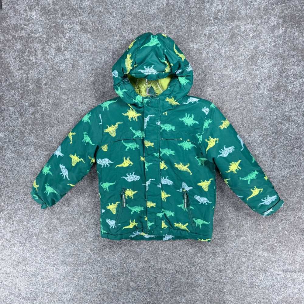Cat & Jack Boys 5T Green Dinosaur Print Hooded Puffer Jacket Recycled Polyester